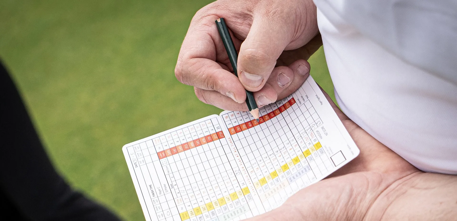 Close-up of writing on a scorecard during a round at Wycombe Heights, part of the golf High Wycombe facilities